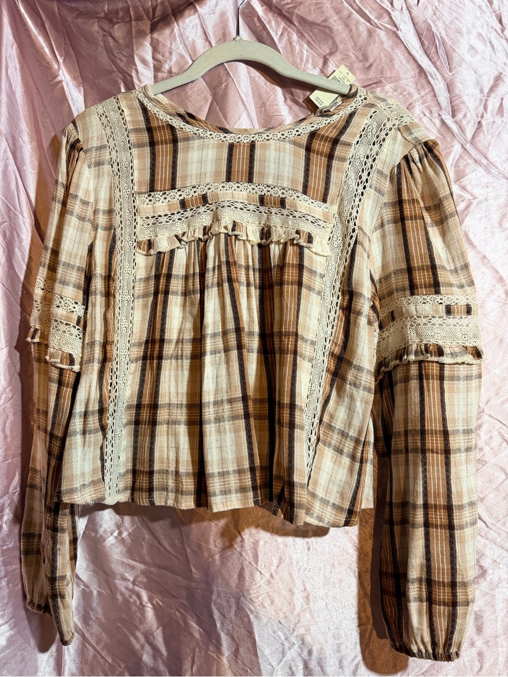 American Eagle Outfitters Beige and Brown Plaid Lace-Trim Peasant Top